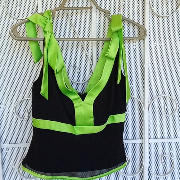 Tadashi  Shoji black with green bows and trim  sleeveless summer top. - Picture 1 of 7